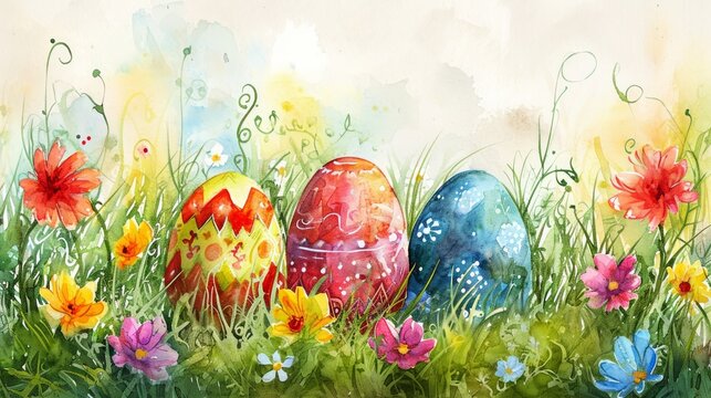 Easter eggs in field with flowers and grass, pastel color, cartoon illustration. 