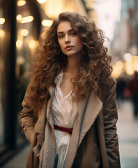 Fototapeta premium Gorgeous female long curly hair with cozy long coat, walking in a shopping street during winter. 