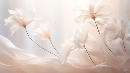 Delicate petals fall softly against a hazy, monochromatic background