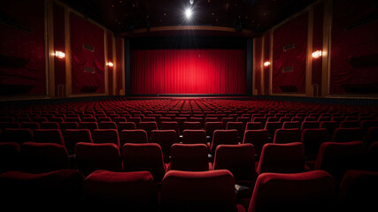Empty cinema auditorium with red seats and lighting