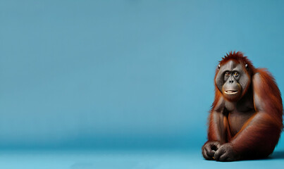 A orangutan is sitting on a blue background and is looking at the camera, generative ai