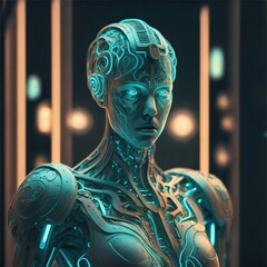 Glowing cyborg statue illuminated in blue mystery