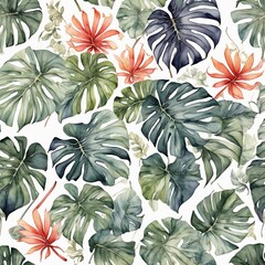 Watercolor painting monstera leaves seamless pattern on white background.Watercolor hand drawn illustration tropical exotic leaf prints for wallpaper,textile Hawaii aloha jungle pattern.