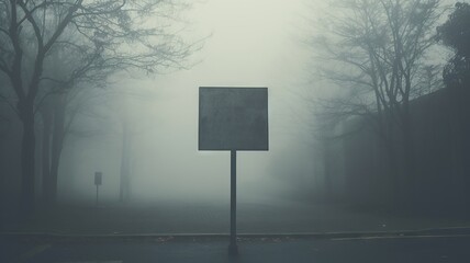 Sign stands at the entrance of a foggy, deserted street