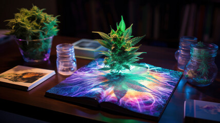 hemp, marijuana leaves with psychedelic effects hallucinogenic composition surrealism fantasy fairytale cannabis background - obrazy, fototapety, plakaty