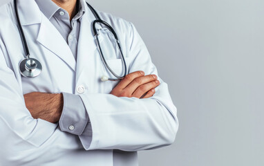 doctor with stethoscope, close up of a doctor in a white coat, medicine banner 