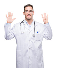 Fototapeta premium Handsome young doctor man showing and pointing up with fingers number nine while smiling confident and happy.