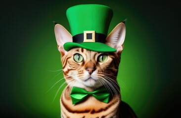 St.Patrick 's Day. A Bengal cat wearing a green top hat and a green bow tie on his neck, on a green background. Concept. Copy space.