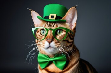 St.Patrick 's Day. A Bengal cat wearing a green top hat, glasses and a green bow tie on his neck, on a black background. Concept. Copy space.