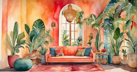 a watercolor depiction of an eclectic bohemian space akin to Frida Kahlo's vibrancy, showcasing layered textures, bold patterns, and lush greenery, evoking a lively artistic sanctuary - Generative AI