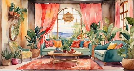 a watercolor depiction of an eclectic bohemian space akin to Frida Kahlo's vibrancy, showcasing layered textures, bold patterns, and lush greenery, evoking a lively artistic sanctuary - Generative AI