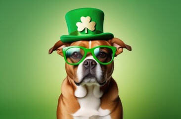 St.Patrick 's Day. A cute and funny dog in a green top hat with a golden clover pattern, wearing glasses, sits on a green background. Concept. Copy space.