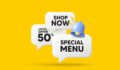 Special menu tag. 3d offer chat speech bubbles. Kitchen food offer. Restaurant menu. Special menu speech bubble 3d message. Talk box banner with bell. Vector