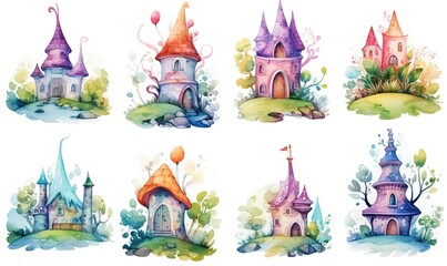  watercolor illustration with grungy texture, cute fairytale enchanted cottage, vintage house, collection set isolated on white background, idea for junk journal or scrapbook design, generative Ai
