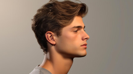 profile side view of handsome young man in white shirt on grey background