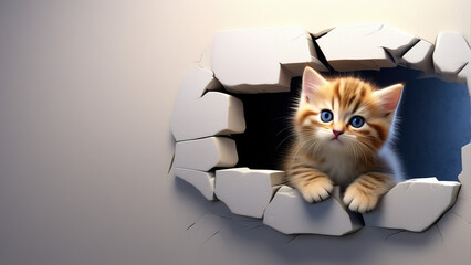 Kitten hole in a wall background