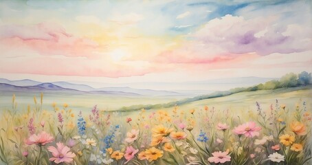 Fototapeta na wymiar a watercolor painting reminiscent of Claude Monet's style, portraying a serene meadow filled with colorful wildflowers swaying in the gentle breeze under a pastel-hued sky - Generative AI