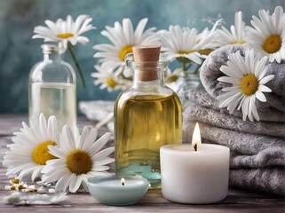 Obraz na płótnie Canvas Spa decoration with candle, daisies , white flowers and a bottle with massage oil, beauty wellness centre