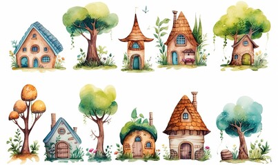  watercolor illustration with grungy texture, cute fairytale enchanted cottage, vintage house, collection set isolated on white background, idea for junk journal or scrapbook design, generative Ai