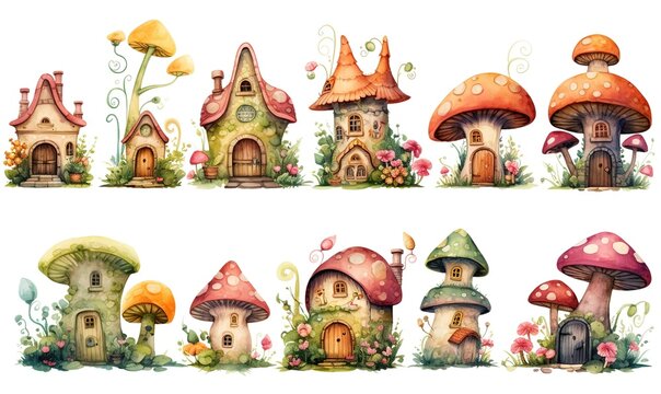  watercolor illustration with grungy texture, cute fairytale enchanted cottage, vintage house, collection set isolated on white background, idea for junk journal or scrapbook design, generative Ai