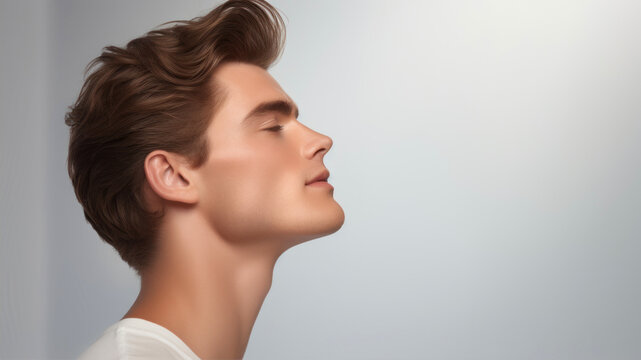Profile portrait of a young handsome man on gray background. Copy space.