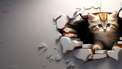 Kitten hole in a wall background
