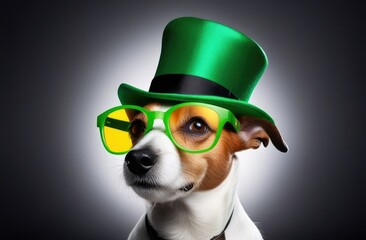 St.Patrick 's Day. Concept. A beautiful dog, Jack Russell breed, wearing a green top hat and glasses on a gray background in the center. Copy space.
