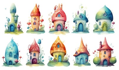  watercolor illustration with grungy texture, cute fairytale enchanted cottage, vintage house, collection set isolated on white background, idea for junk journal or scrapbook design, generative Ai