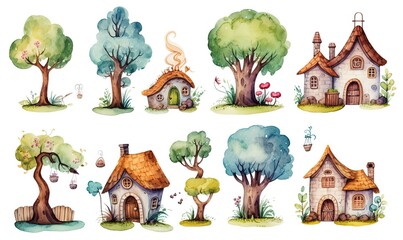  watercolor illustration with grungy texture, cute fairytale enchanted cottage, vintage house, collection set isolated on white background, idea for junk journal or scrapbook design, generative Ai