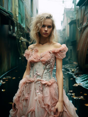 a beautiful Nordic model in a fantasy world, pastel colors