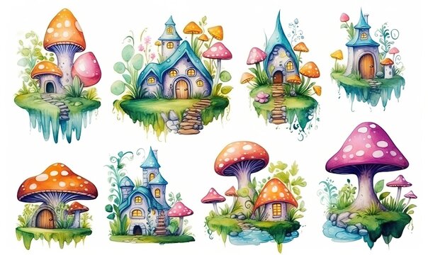  watercolor illustration with grungy texture, cute fairytale enchanted cottage, vintage house, collection set isolated on white background, idea for junk journal or scrapbook design, generative Ai