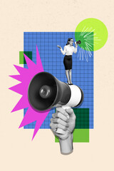 Vertical collage creative poster monochrome effect angry upset furious young woman scream...