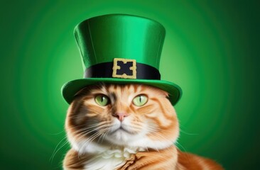St.Patrick 's Day. A beautiful and important red cat in a green top hat on a green background. Concept. Copy space.
