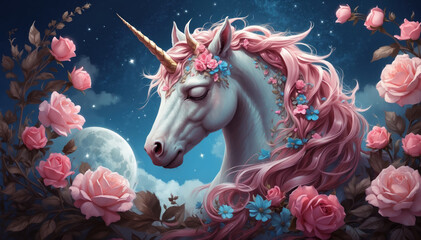 A cute unicorn sleeping on the moon pastel colors. AI generated