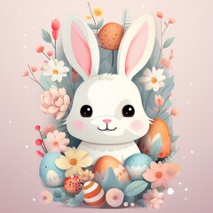 A white bunny sitting in front of a bunch of decorated eggs