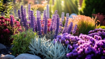 A bunch of purple and white flowers in a garden