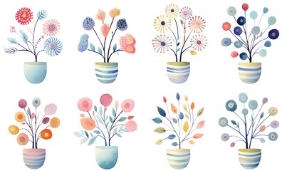 watercolor illustration with grungy texture, spring flower pot blossom, collection set isolated on white background, idea for junk journal or scrapbook design, generative Ai - obrazy, fototapety, plakaty