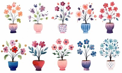 Obraz premium watercolor illustration with grungy texture, spring flower pot blossom, collection set isolated on white background, idea for junk journal or scrapbook design, generative Ai