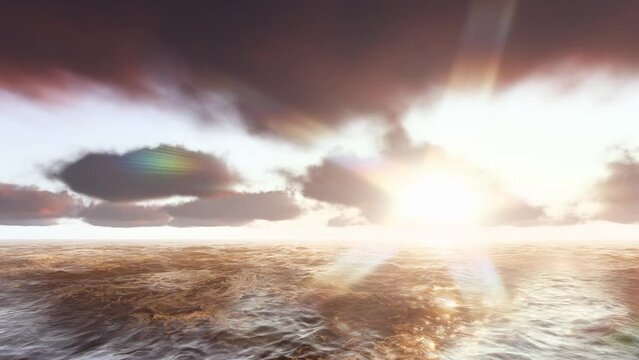 Sunset above sea in cloudy day. HQ QHD Seamless looped 3d animation.
