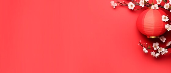 chinese lantern with white cherry blossoms isolated  on a red wall, happy new year 2024 , year of dragon, horizontal background banner with copy space Chinese zodiac symbol, Lunar new year concept. - obrazy, fototapety, plakaty