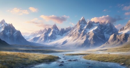 An awe-inspiring alpine panorama at dawn. Picture a vast mountain range with rugged peaks veiled in a gentle morning mist.  AI Generate - obrazy, fototapety, plakaty