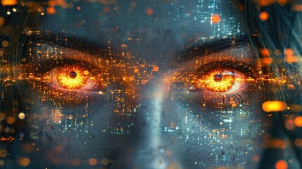 Close up of beautiful woman face with digital binary code on it.