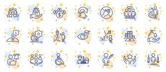 Outline set of Business meeting, User notification and Fireworks line icons for web app. Include Wash hands, Inventory, People vaccination pictogram icons. Interview, Job. Vector