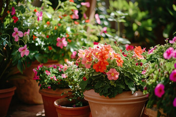 Fototapeta na wymiar Flowers in the pots in the garden, springtime gardening 