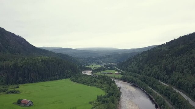 Drone footage of Gaula River and salmon fisherman fly fishing. Gaula River, Norway
