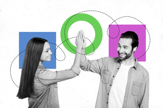 Horizontal abstract photo collage of attractive cheerful couple best successful team giving high five clap hands on creative background
