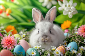 Easter bunny hiding  with eggs in the garden 