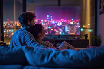 Fototapeta na wymiar Young married couple sitting together and watching movie