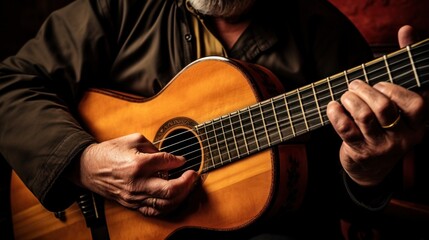 Fototapeta premium Close up of the guitar of a man playing traditional Portuguese music called fado.