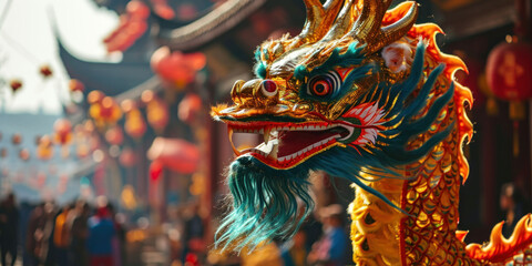 Fototapeta premium traditional dragon against the backdrop of a temple with a festive atmosphere, Chinese New Year celebrating, banner